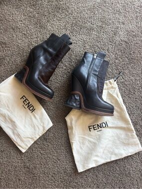 Fendi Black Leather & Dark Brown Suede Sculpted Wedge Ankle Boots